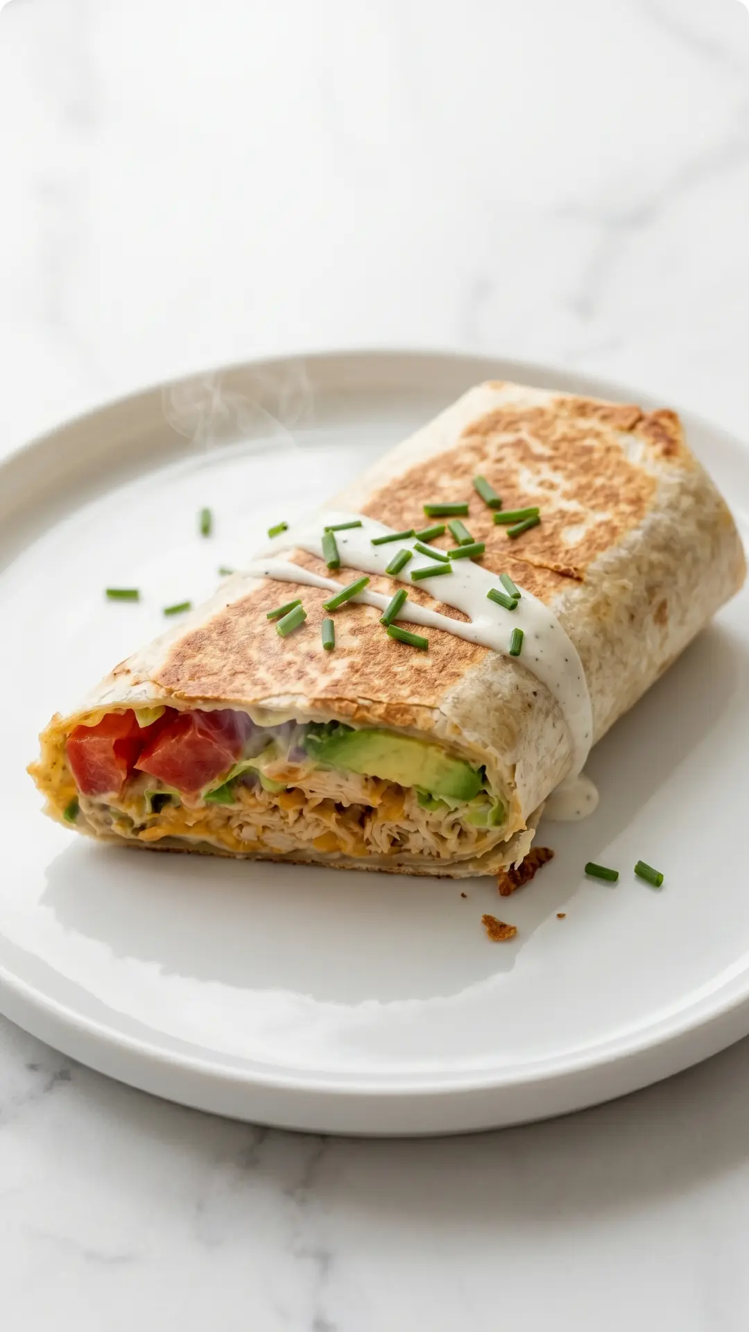 Hähnchen Avocado Ranch Burritos serviert mit Tzatziki — appetitlich halbierte Wraps formvollendet präsentiert