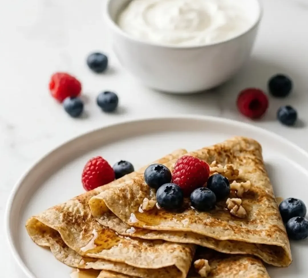 Haferflocken-Crepes serviert mit griechischem Joghurt — gesundes, leichtes Frühstückssetting auf Marmor