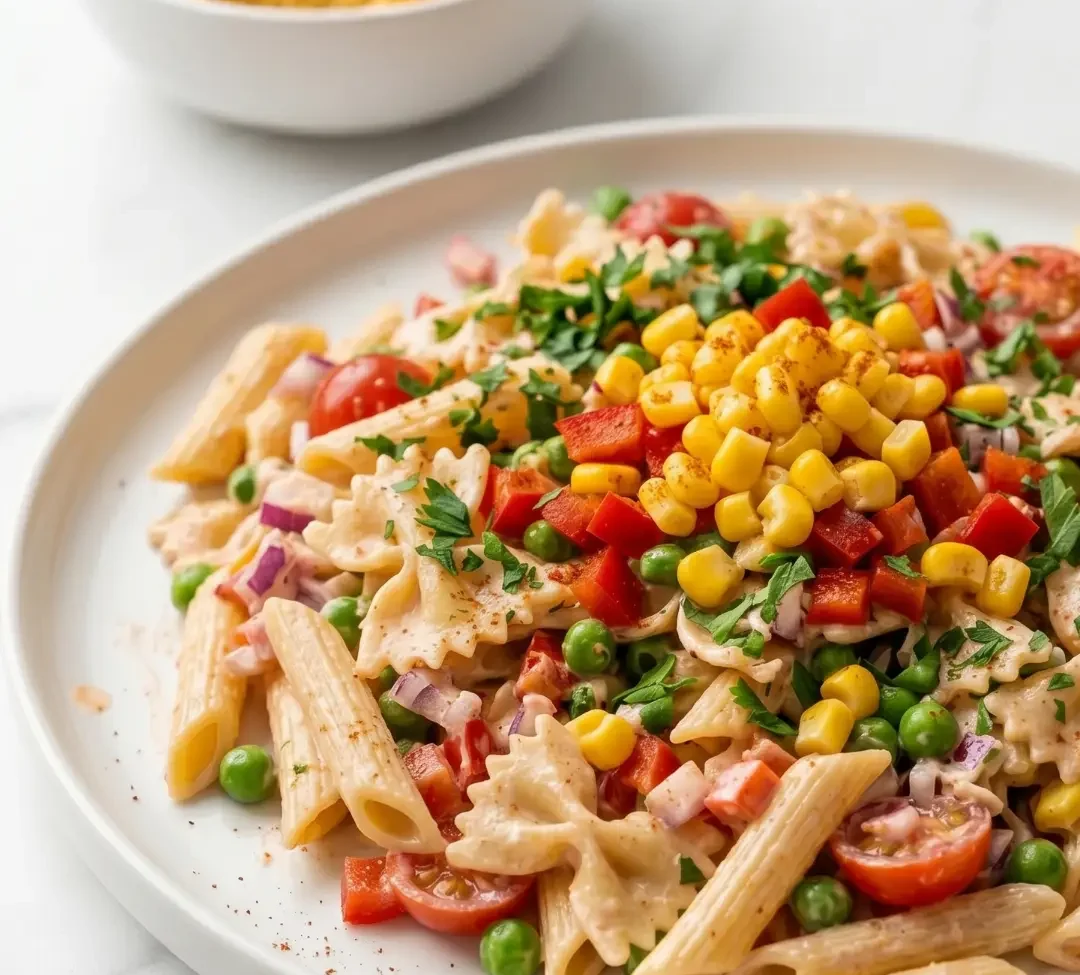 Mexikanischer Mais-Pasta-Salat serviert mit knusprigen Tortilla-Chips — festliche Partyszene auf weißem Marmor