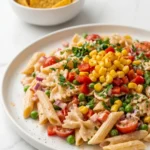 Mexikanischer Mais-Pasta-Salat serviert mit knusprigen Tortilla-Chips — festliche Partyszene auf weißem Marmor