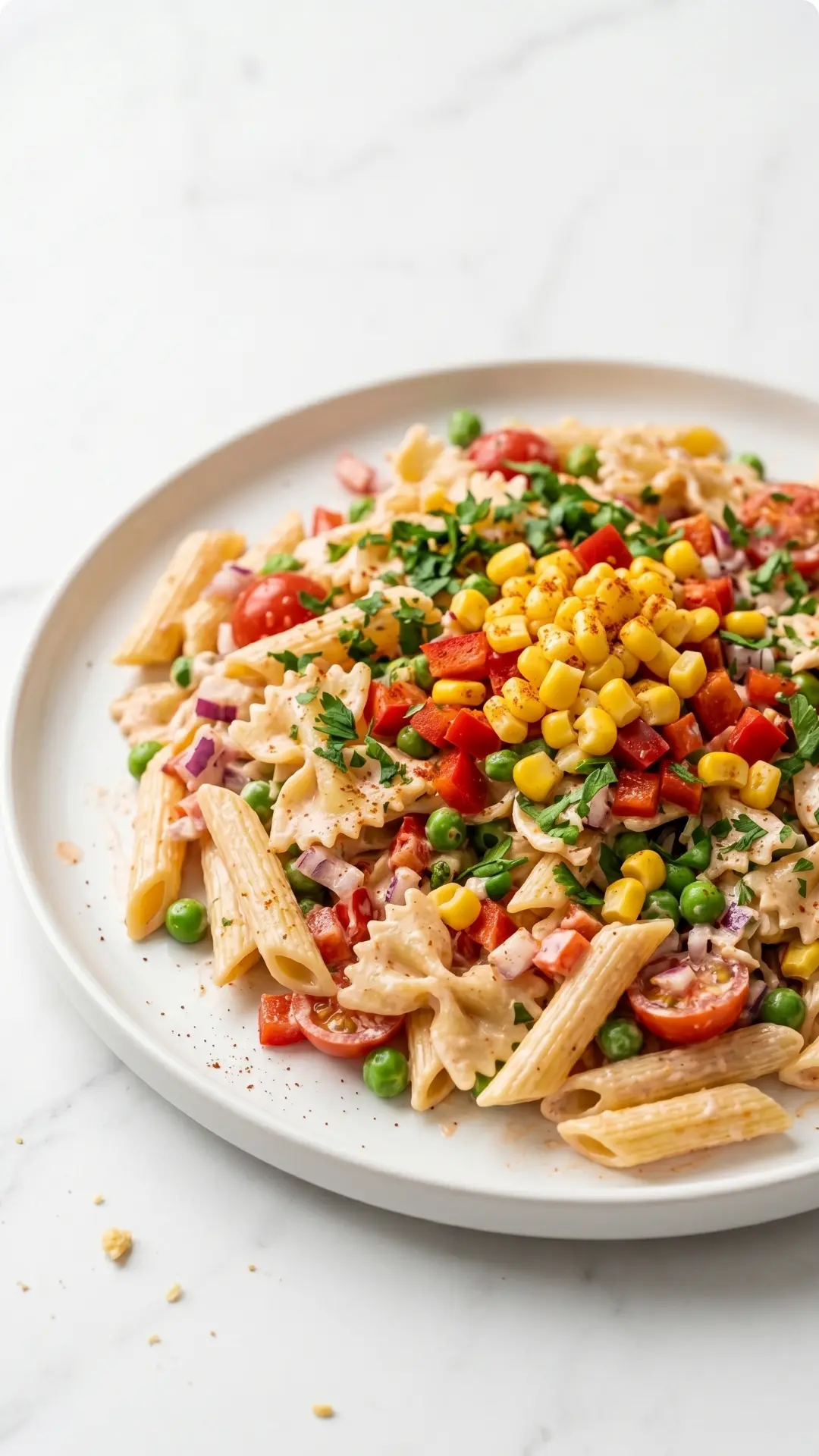Mexikanischer Mais-Pasta-Salat frisch serviert — bunter Nudelsalat mit cremiger Sauce und Kräutern