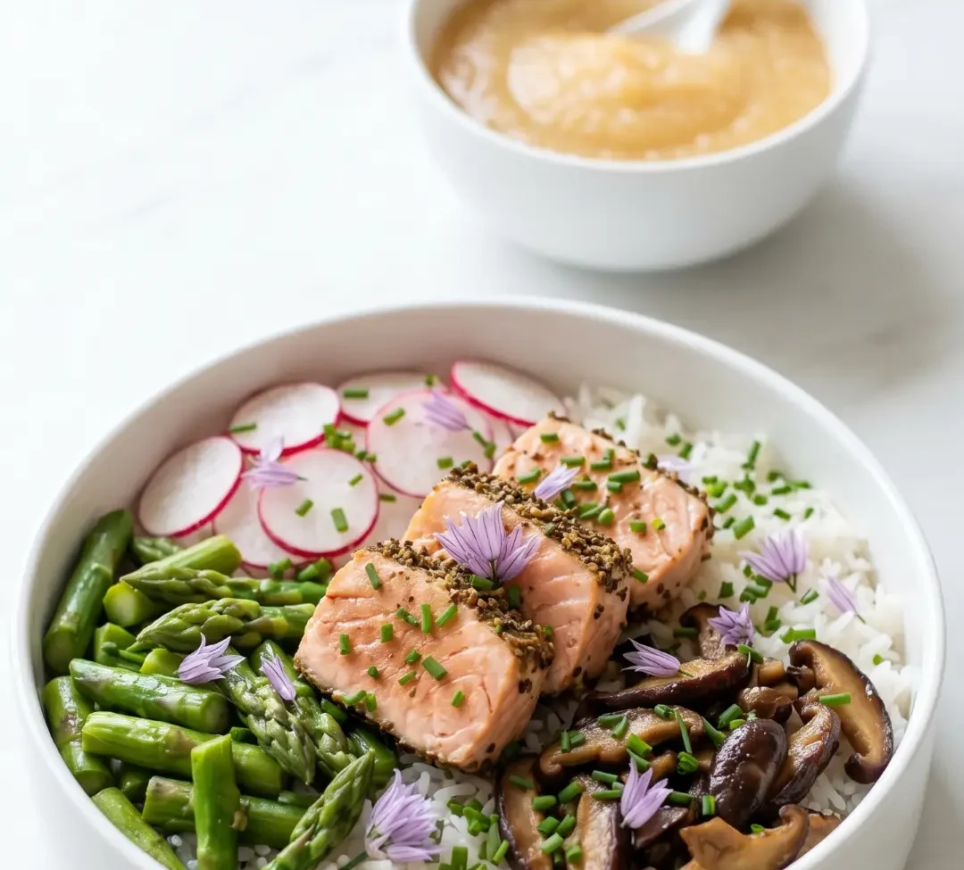 Spargel-Sushi-Bowl mit Korianderlachs serviert mit Apfelmus — farbenfrohe Frühlings-Bowl elegant präsentiert auf Marmor