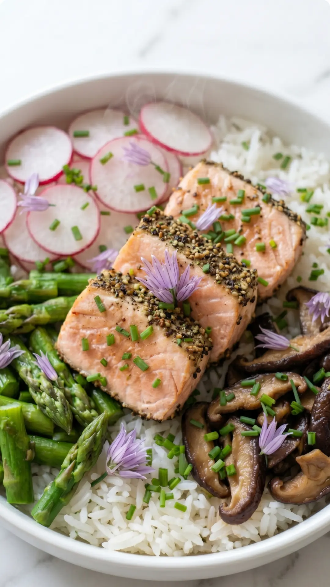 Spargel-Sushi-Bowl mit Korianderlachs frisch zubereitet — asiatische Reisschüssel mit grünem Spargel und lila Blüten im Ofen