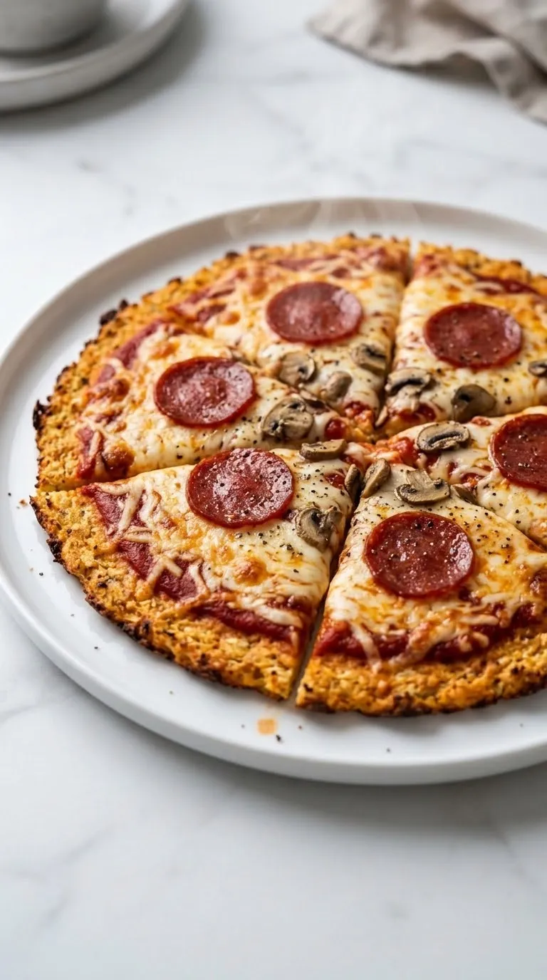 Low Carb Pizzaboden aus Blumenkohl frisch zubereitet — knusprige mehlfreie Gemüse-Pizza mit geschmolzenem Käse und Salami