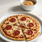 Low Carb Pizzaboden aus Blumenkohl serviert mit Apfelmus — mehlfreie Gemüse-Pizza appetitlich in Stücke geschnitten präsentiert