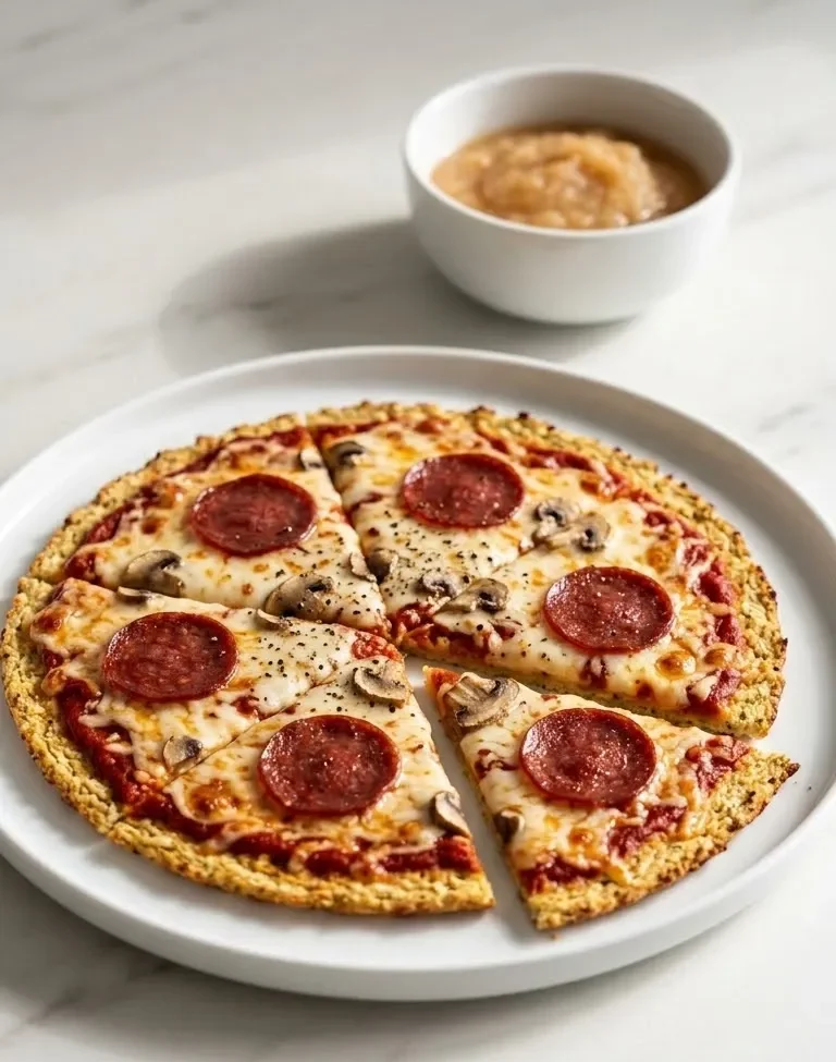 Low Carb Pizzaboden aus Blumenkohl serviert mit Apfelmus — mehlfreie Gemüse-Pizza appetitlich in Stücke geschnitten präsentiert