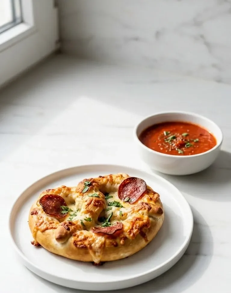 Pizza-Brezel serviert mit Tomaten-Basilikum-Dip — warm servierter Snack neben einer kleinen Schale Dip