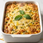 Zucchini-Hüttenkäse-Auflauf frisch zubereitet — goldbraun überbackener vegetarischer Auflauf in weißer Keramikform