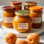 Aprikosenmarmelade frisch zubereitet — leuchtend gelb-orange Marmeladengläser und frische Aprikosen
