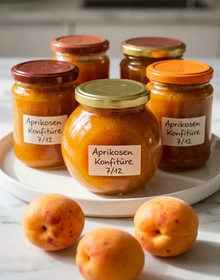 Aprikosenmarmelade frisch zubereitet — leuchtend gelb-orange Marmeladengläser und frische Aprikosen