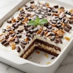 Grillagetorte frisch zubereitet — feine Eistorte mit Schokoladenspänen und krokantverziertem Sahnetoppping