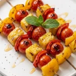 Gemüsespieße zum Grillen frisch zubereitet — bunte, kross geröstete Gemüsespieße mit feinen Grillstreifen auf weißem Teller