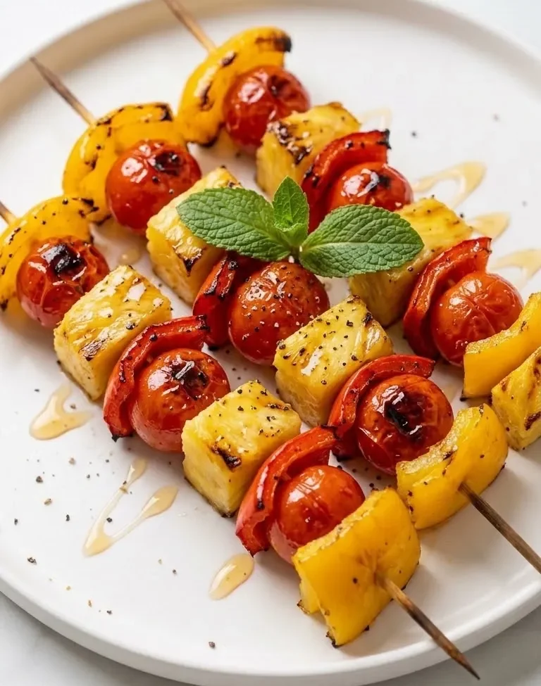 Gemüsespieße zum Grillen frisch zubereitet — bunte, kross geröstete Gemüsespieße mit feinen Grillstreifen auf weißem Teller