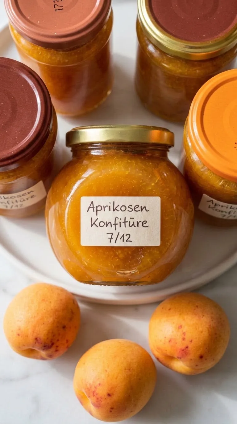 Aprikosenmarmelade frisch zubereitet aus der Froschperspektive — glänzende Gläser mit samtiger Konfitüre