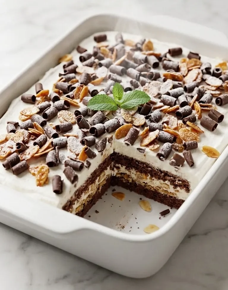 Grillagetorte frisch zubereitet — feine Eistorte mit Schokoladenspänen und krokantverziertem Sahnetoppping