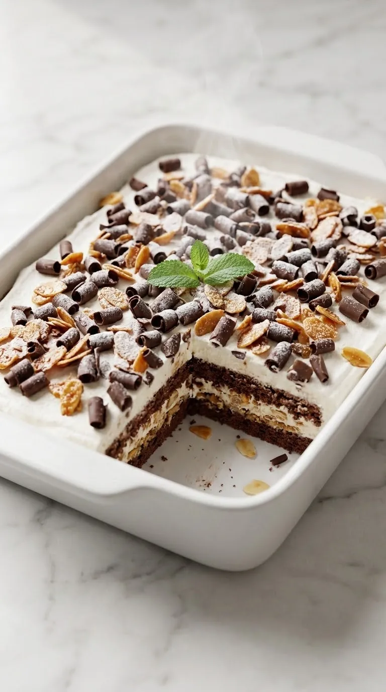 Grillagetorte frisch zubereitet — feine Eistorte mit Schokoladenspänen und krokantverziertem Sahnetoppping