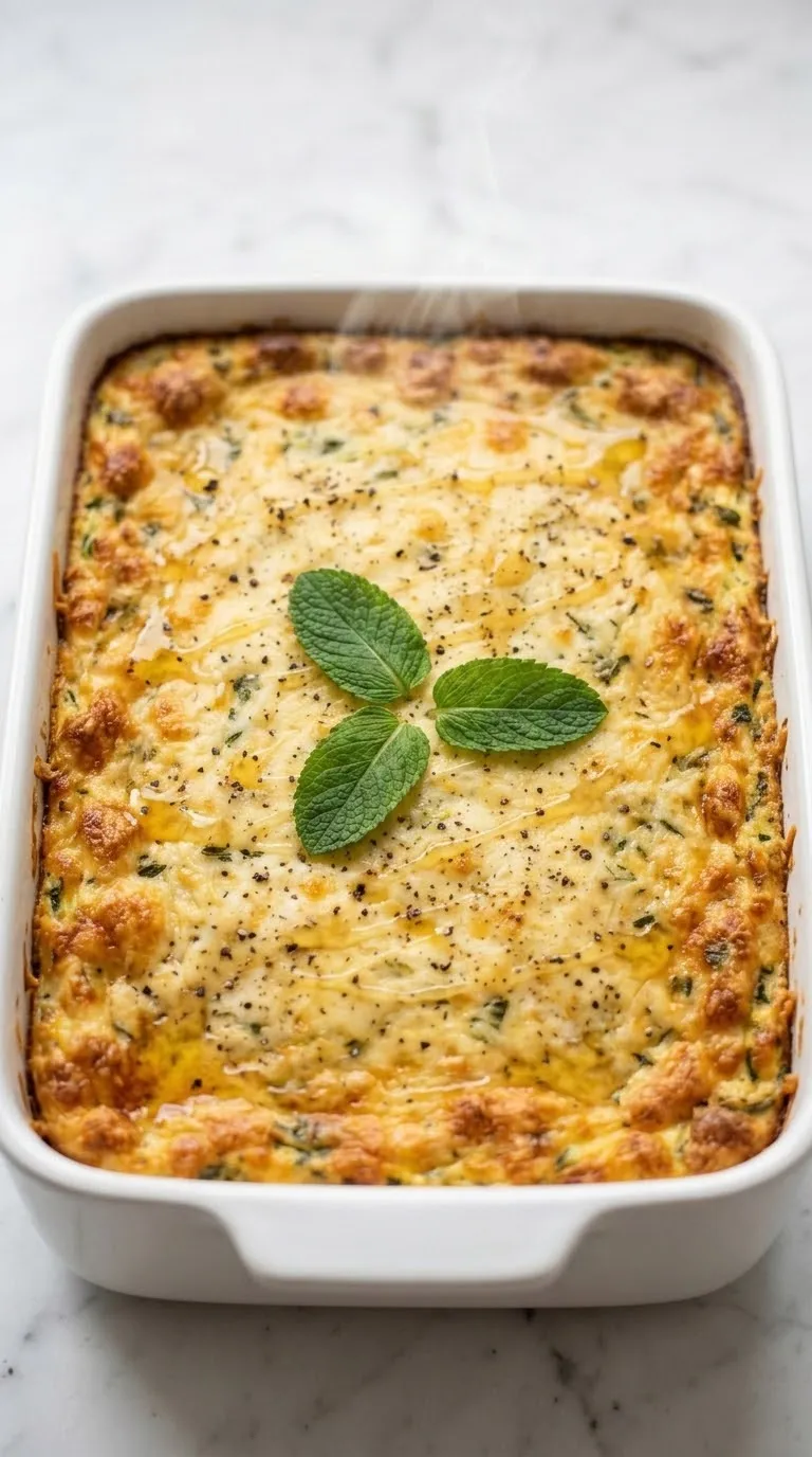 Zucchini-Hüttenkäse-Auflauf frisch zubereitet aus der Froschperspektive — voluminöser, dampfender Gemüseauflauf prachtvoll inszeniert