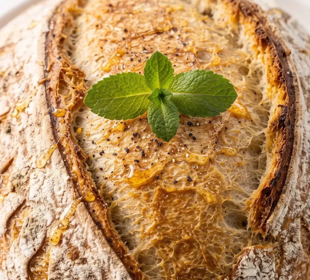 Dinkel-Sauerteigbrot frisch zubereitet — rundes, krustiges Sauerteigbrot mit rustikaler Mehlkruste im Dutch Oven Stil