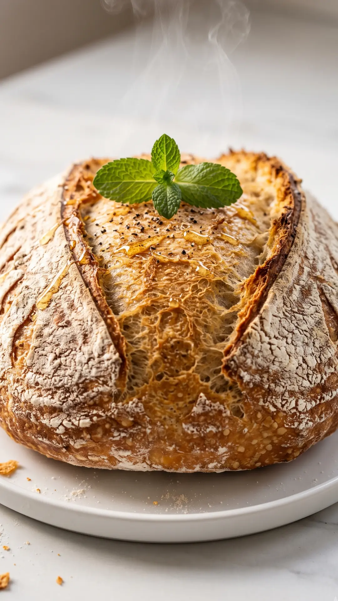 Dinkel-Sauerteigbrot frisch zubereitet aus der Froschperspektive — voluminöser, prachtvoll aufgerissener Brotlaib auf Marmor