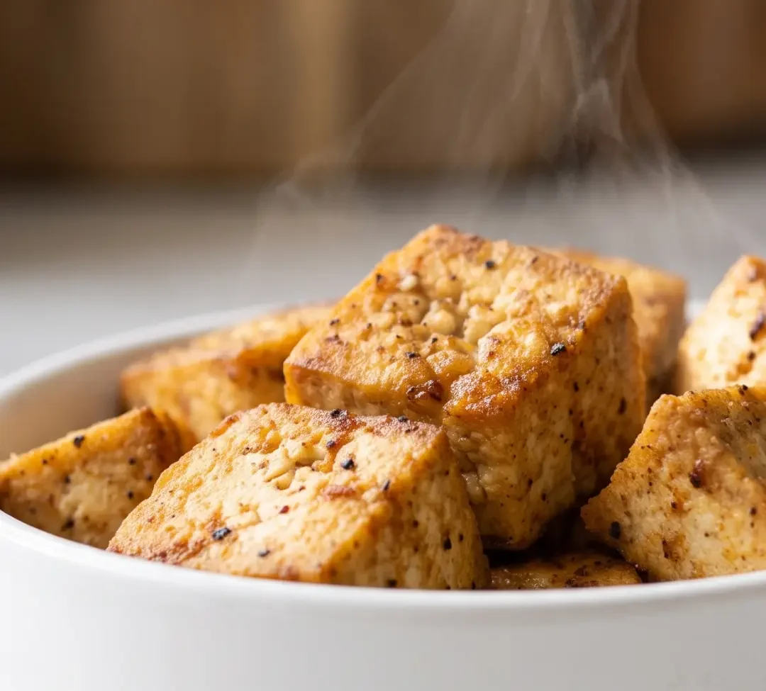 Knuspriger Chicken Tofu im Chicken-Nuggets-Stil frisch zubereitet — goldbraune, knusprige Würfel