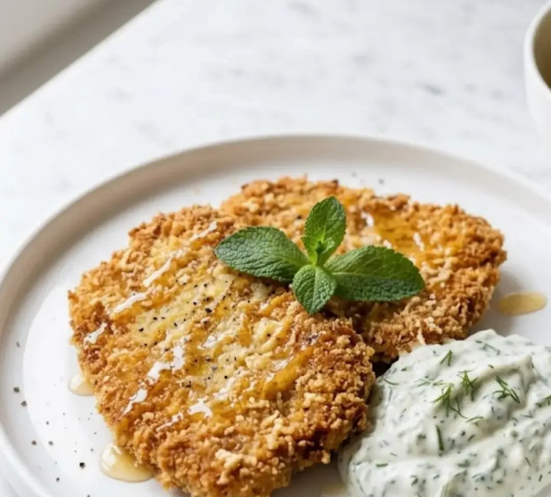 Kohlrabi-Schnitzel frisch zubereitet — goldbraun panierte Gemüseschnitzel serviert mit cremigem Kräuterquark