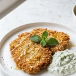 Kohlrabi-Schnitzel frisch zubereitet — goldbraun panierte Gemüseschnitzel serviert mit cremigem Kräuterquark