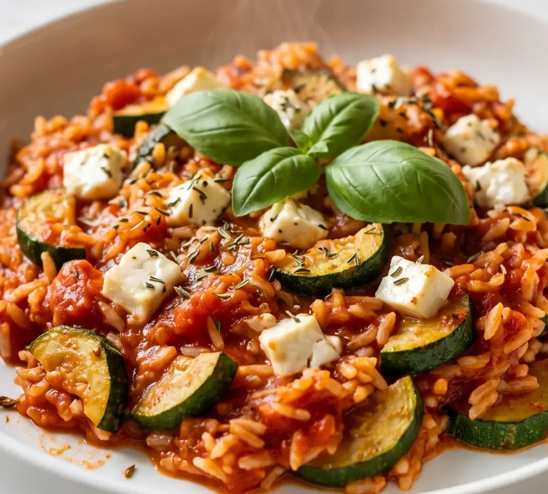 Zucchini-Pfanne frisch zubereitet — mediterrane Reispfanne mit Tomatensauce und geschmolzenem Feta