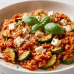 Zucchini-Pfanne frisch zubereitet — mediterrane Reispfanne mit Tomatensauce und geschmolzenem Feta
