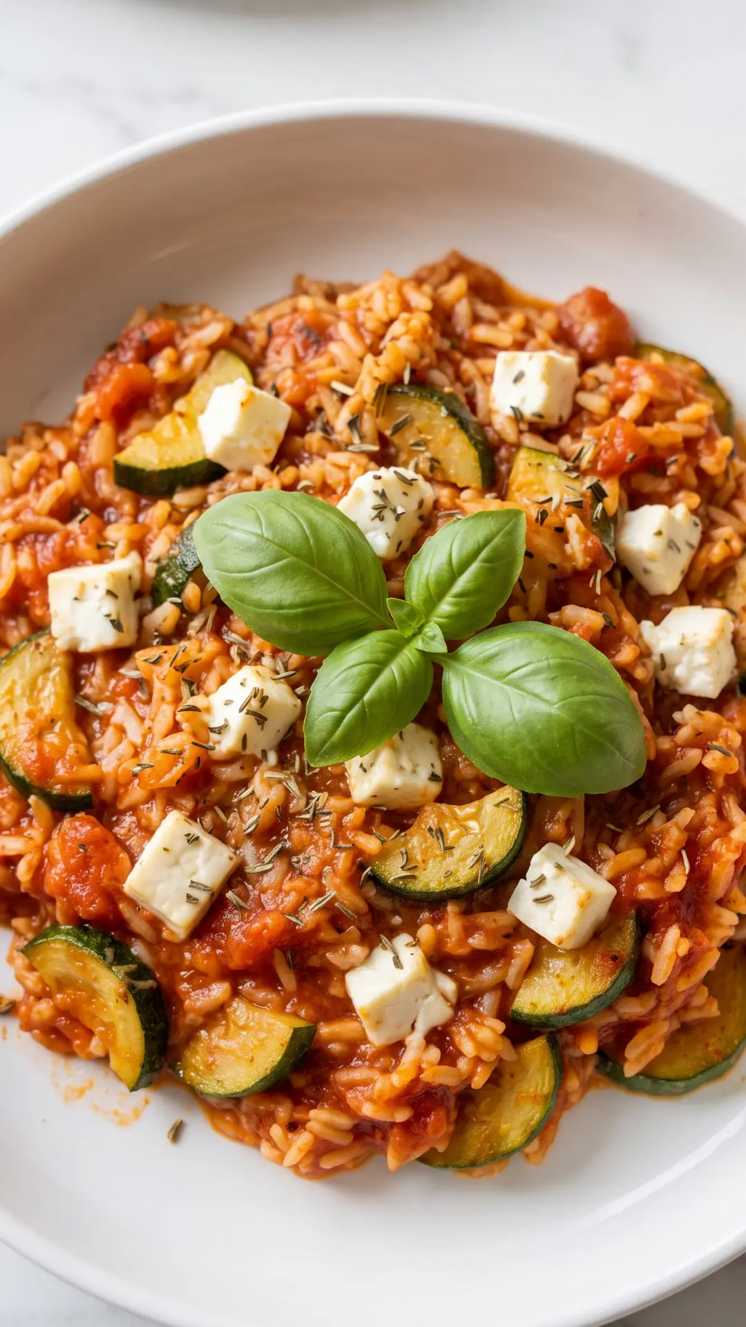Zucchini-Pfanne frisch zubereitet aus der Froschperspektive — dampfender mediterraner One-Pot-Reis mit Feta
