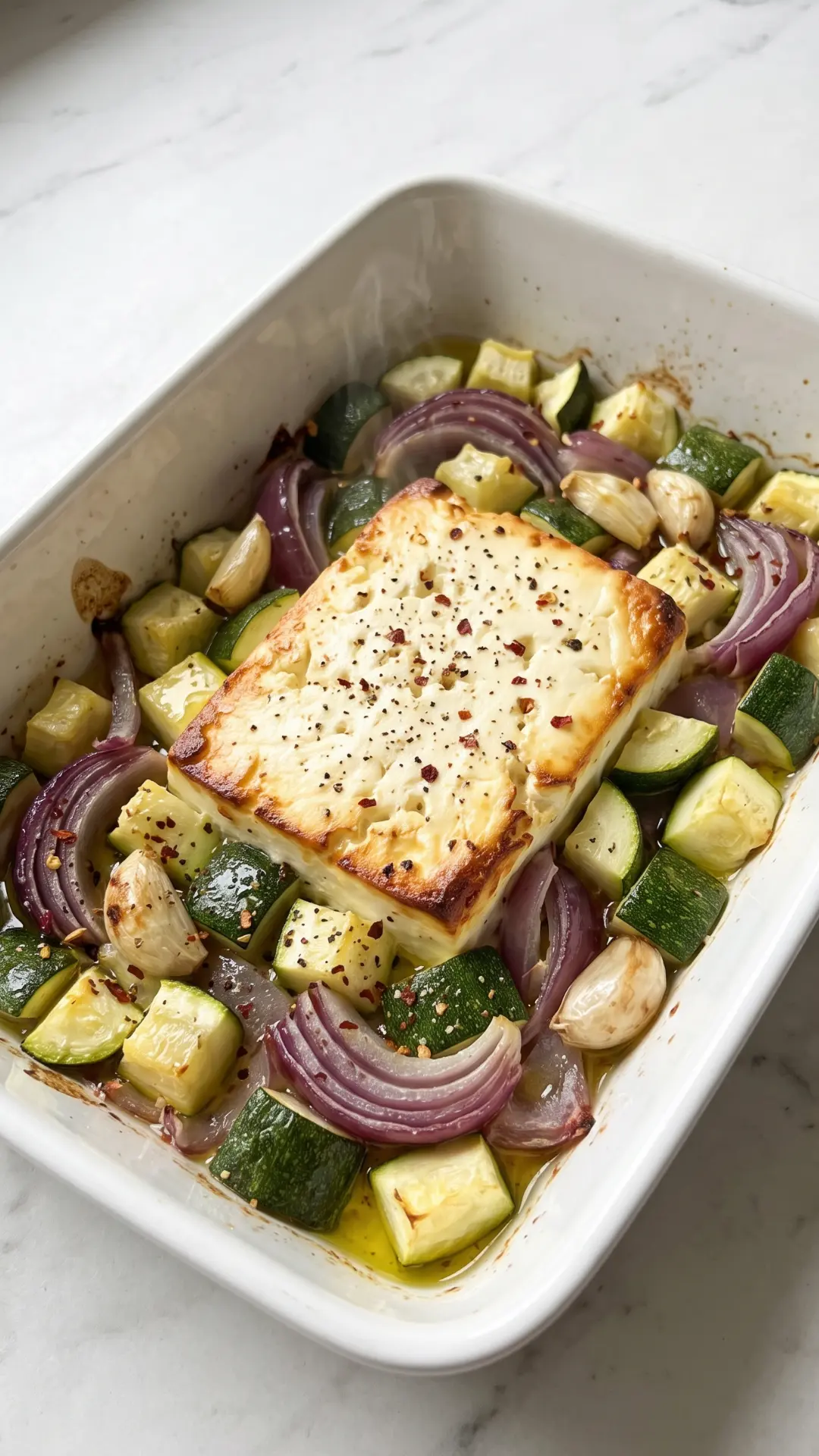 Ofen-Zucchini mit Feta frisch zubereitet aus der Froschperspektive — warmes mediterranes Ofengemüse mit Feta