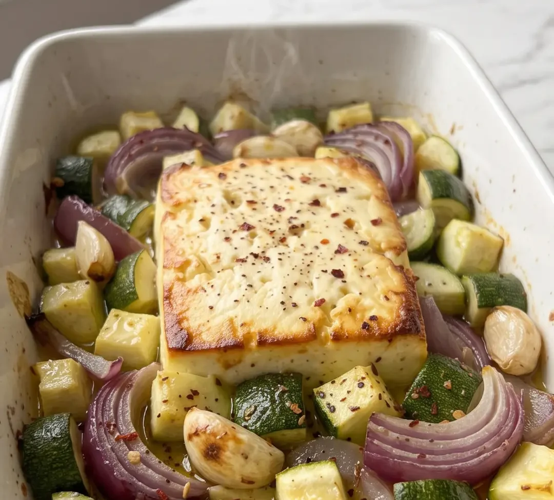 Ofen-Zucchini mit Feta frisch zubereitet — gebackener Schafskäse mit Zucchini und Knoblauch in der Form
