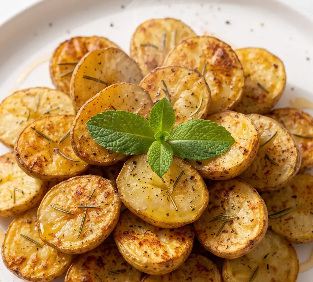 Rosmarinkartoffeln aus dem Airfryer frisch zubereitet — goldbraun geröstete Kartoffelhälften mit knuspriger Schale auf weißer Keramik