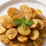 Rosmarinkartoffeln aus dem Airfryer frisch zubereitet — goldbraun geröstete Kartoffelhälften mit knuspriger Schale auf weißer Keramik
