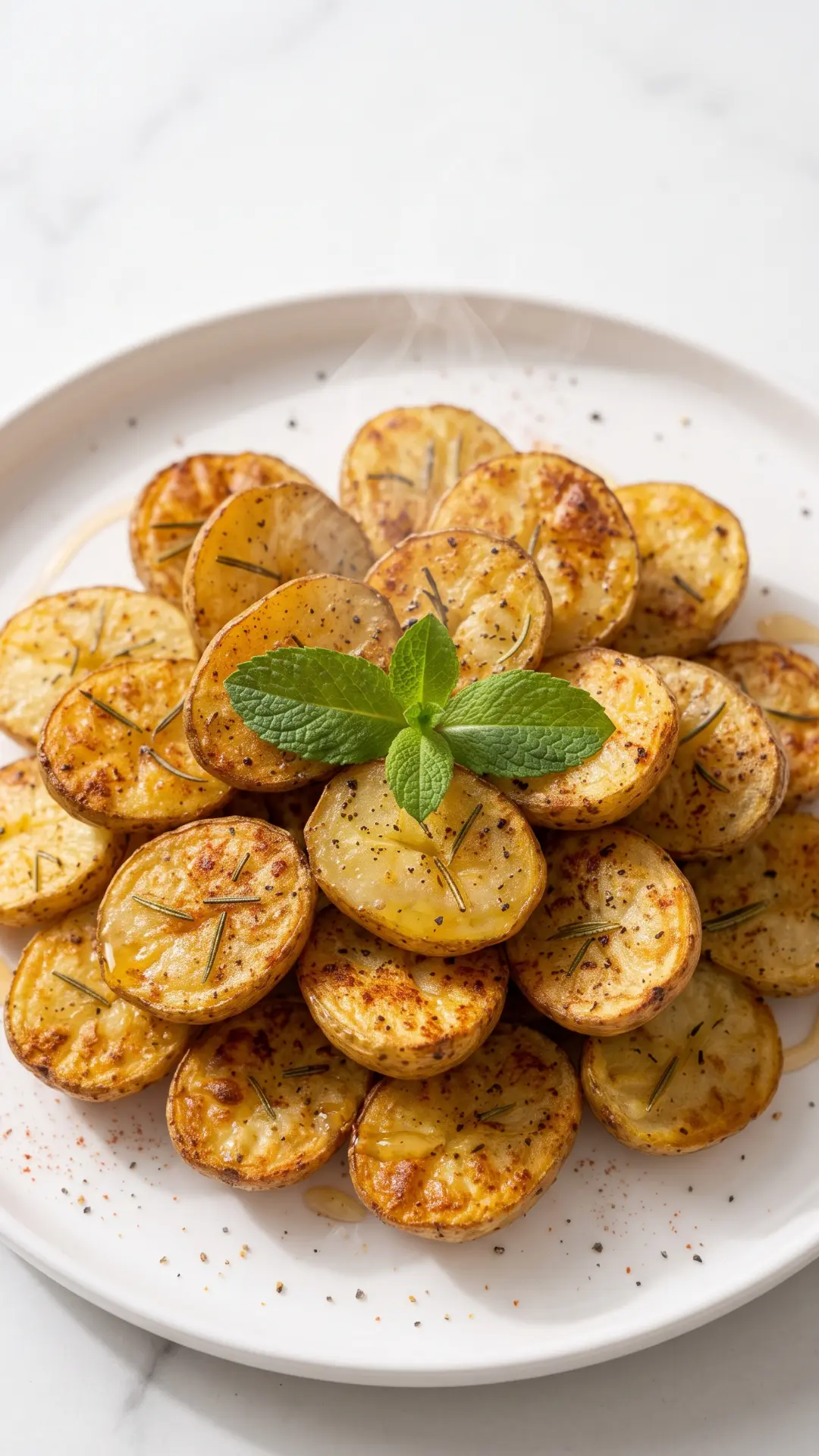 Rosmarinkartoffeln aus dem Airfryer frisch zubereitet — goldbraun geröstete Kartoffelhälften mit knuspriger Schale auf weißer Keramik