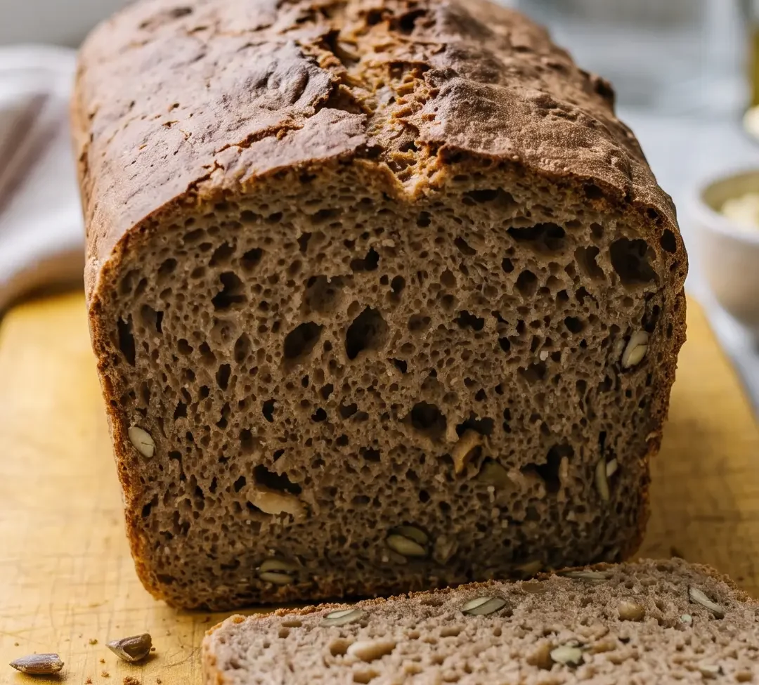 Schnelles Kürbiskernbrot frisch gebacken — matte, dunkelbraune Kruste und saftiges Kastenbrot auf gelbem Brett
