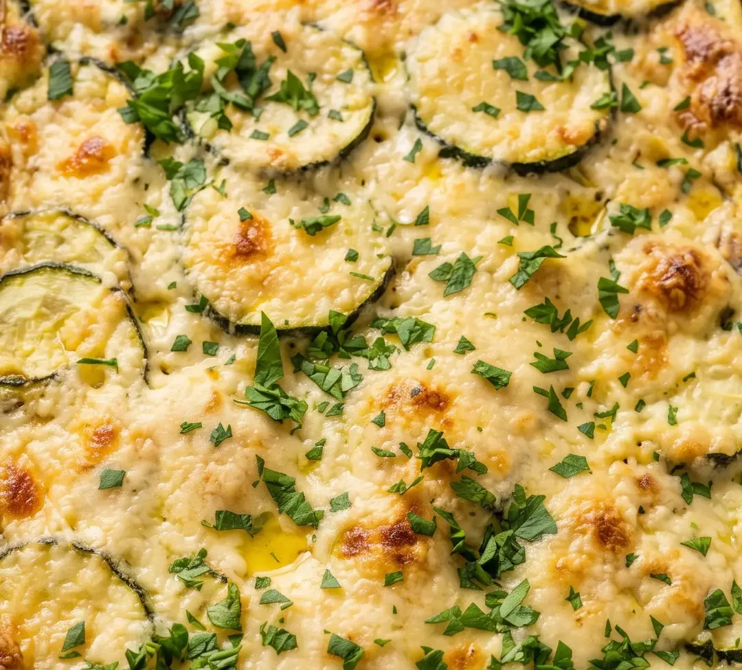 Zucchini-Auflauf frisch zubereitet — goldbraun überbackenes Gemüse-Gratin mit Parmesan in einer Auflaufform