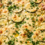 Zucchini-Auflauf frisch zubereitet — goldbraun überbackenes Gemüse-Gratin mit Parmesan in einer Auflaufform