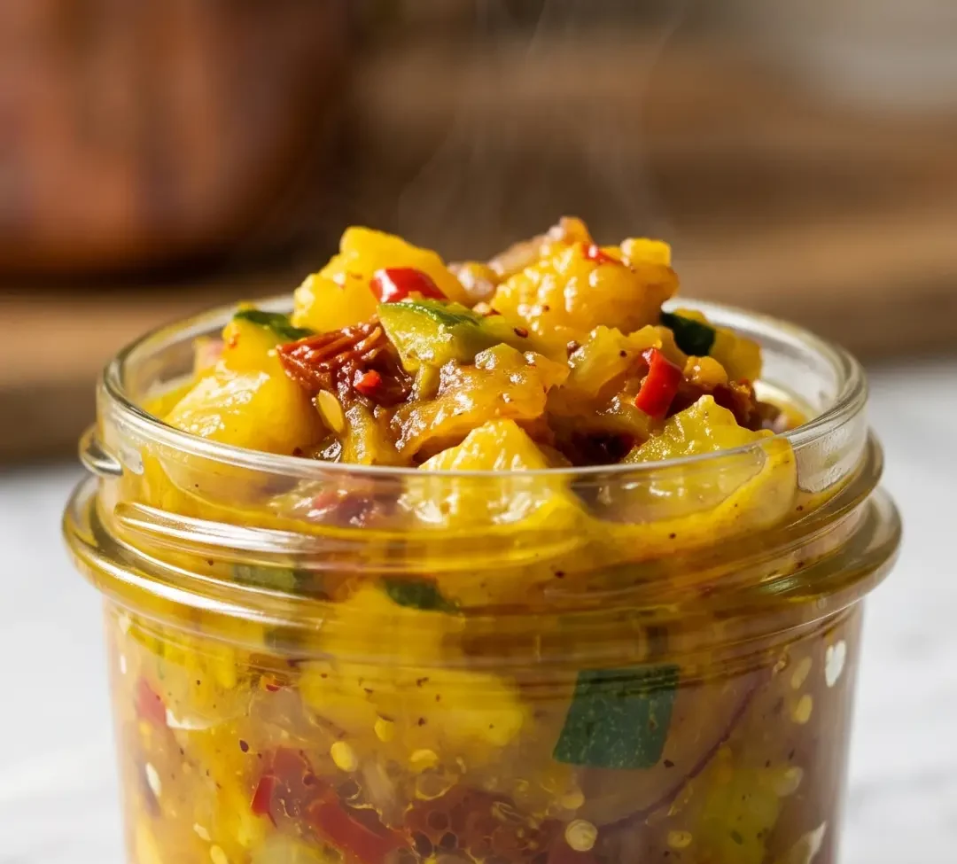 Würzigenes Zucchini-Chutney selbst gemacht — goldgelbes, stückiges Gemüse-Chutney