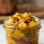 Würzigenes Zucchini-Chutney selbst gemacht — goldgelbes, stückiges Gemüse-Chutney