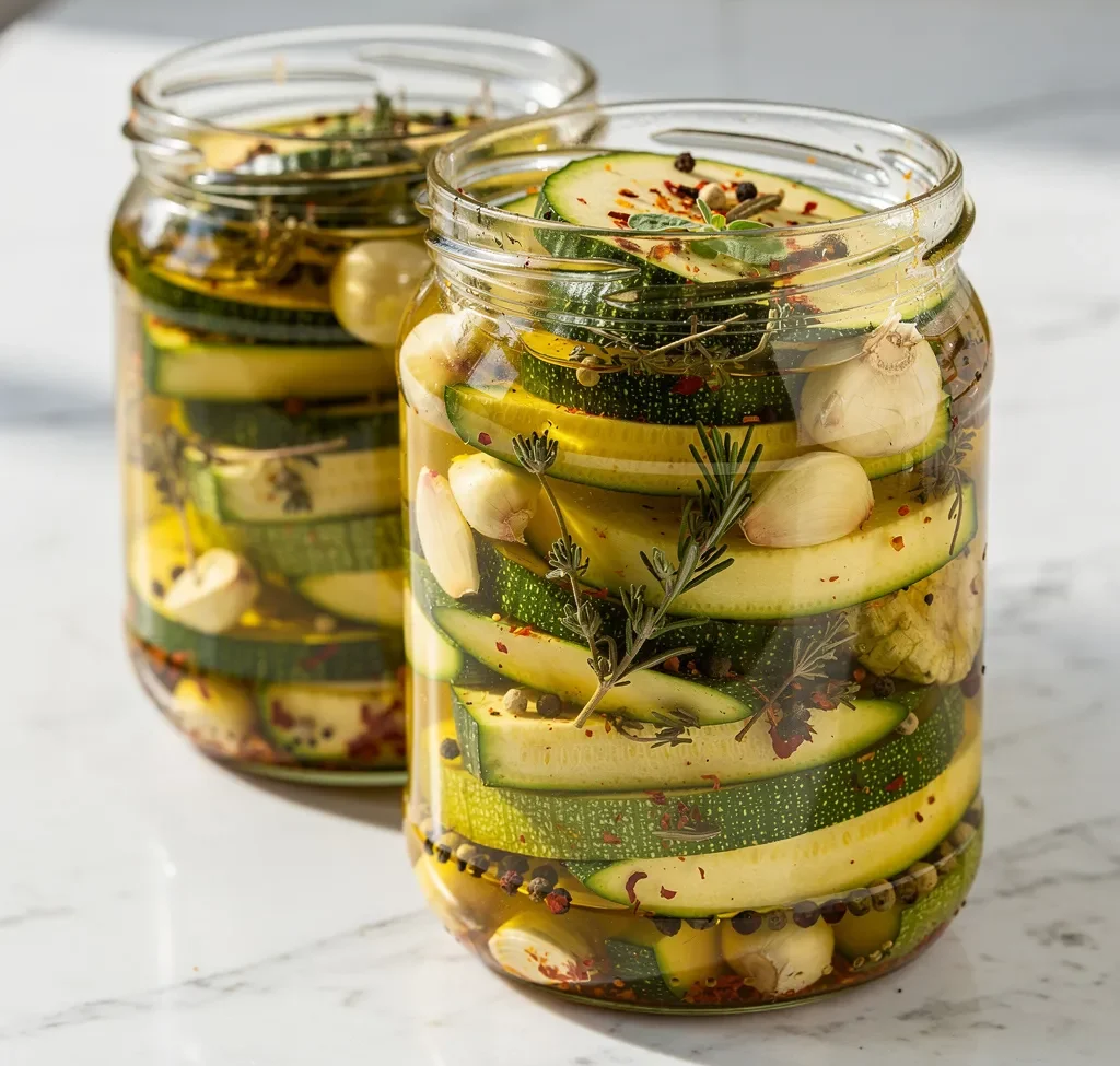 Einfache Antipasti: Zucchini in Öl und Kräutern frisch zubereitet — goldenes Olivenöl und knackige Zucchinischeiben