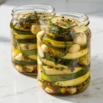 Einfache Antipasti: Zucchini in Öl und Kräutern frisch zubereitet — goldenes Olivenöl und knackige Zucchinischeiben