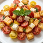 Tomatensalat mit Honigmelone und Schafskäse frisch zubereitet — bunter Sommersalat mit feinem Honig-Drizzle