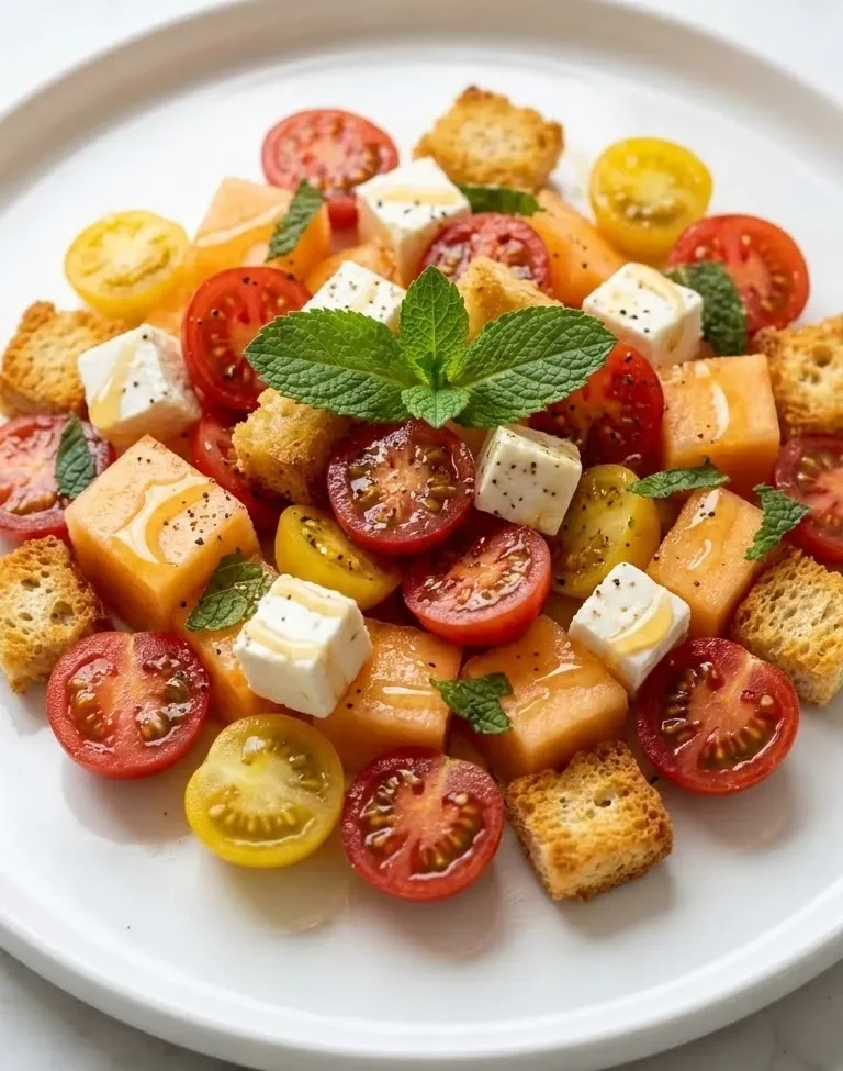 Tomatensalat mit Honigmelone und Schafskäse frisch zubereitet — bunter Sommersalat mit feinem Honig-Drizzle