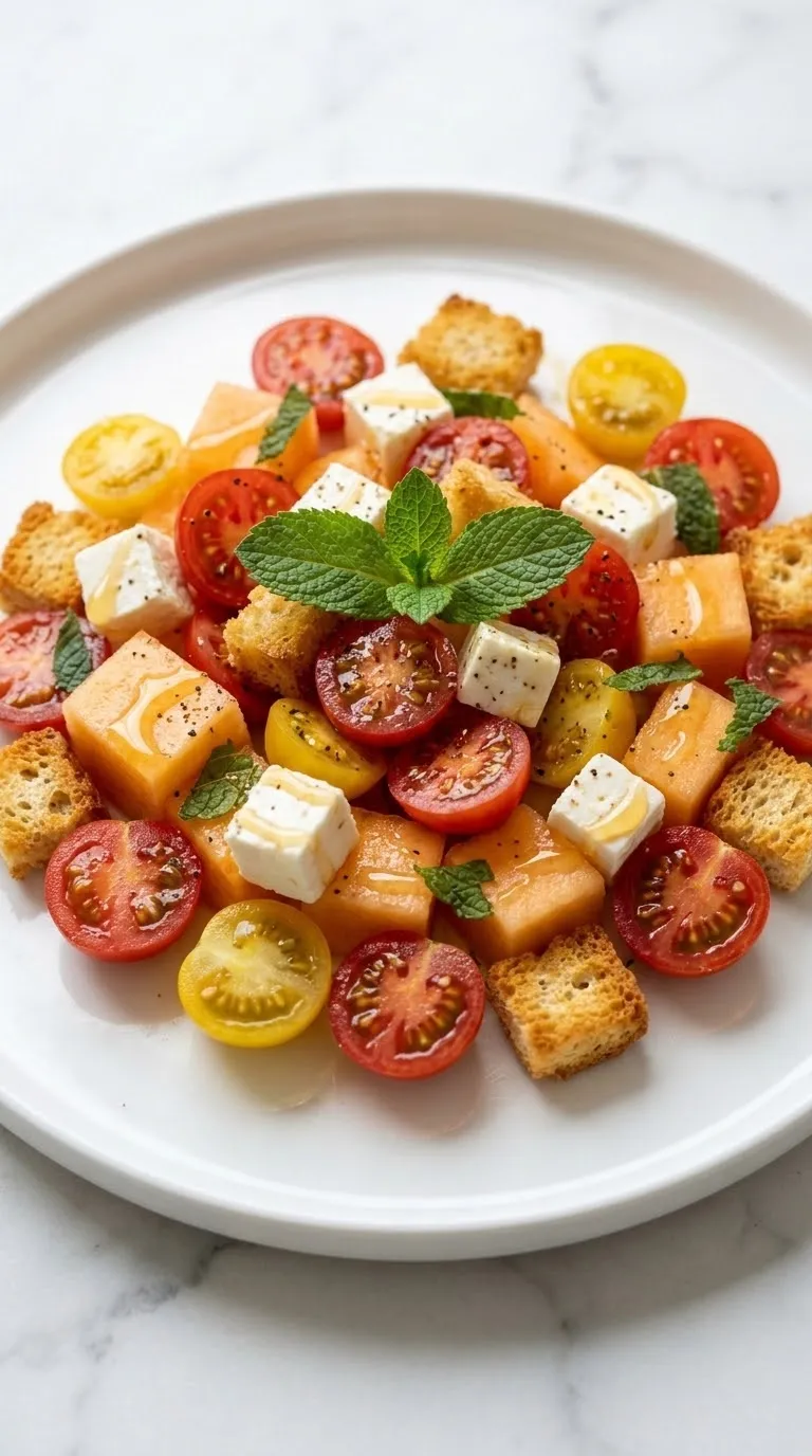 Tomatensalat mit Honigmelone und Schafskäse frisch zubereitet — bunter Sommersalat mit feinem Honig-Drizzle