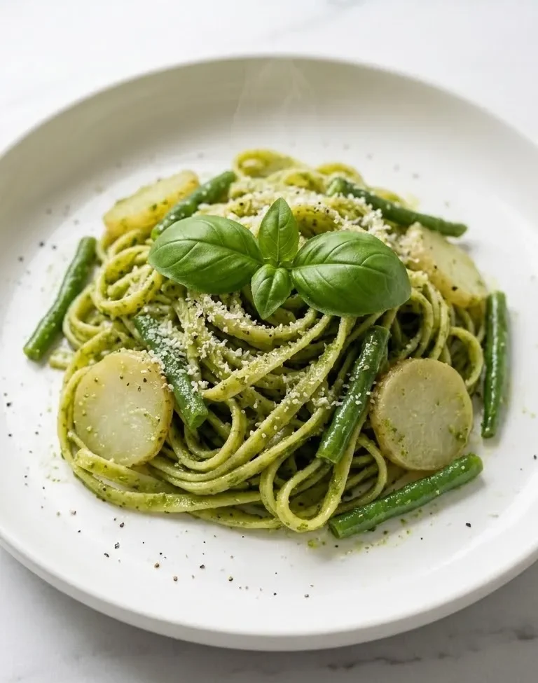 Pesto Genovese mit Trenette frisch zubereitet — grüne Pasta mit Bohnen und Kartoffelscheiben nach ligurischer Art