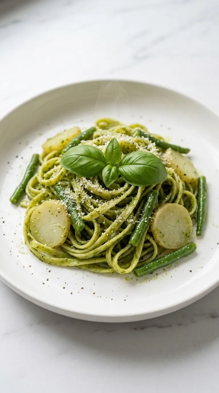 Pesto Genovese mit Trenette frisch zubereitet — grüne Pasta mit Bohnen und Kartoffelscheiben nach ligurischer Art