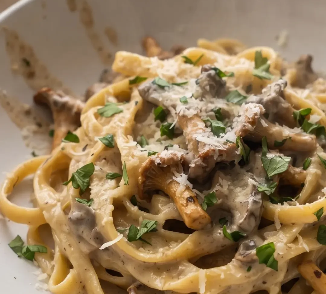 Pasta mit Pfifferlingsosse frisch zubereitet — cremige Pastagericht mit goldenen Pfifferlingen