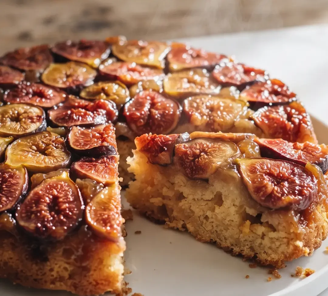 Französischer Feigenkuchen: Gestürzter Kuchen frisch zubereitet — karamellisierte Feigen auf goldbraunem Kuchen
