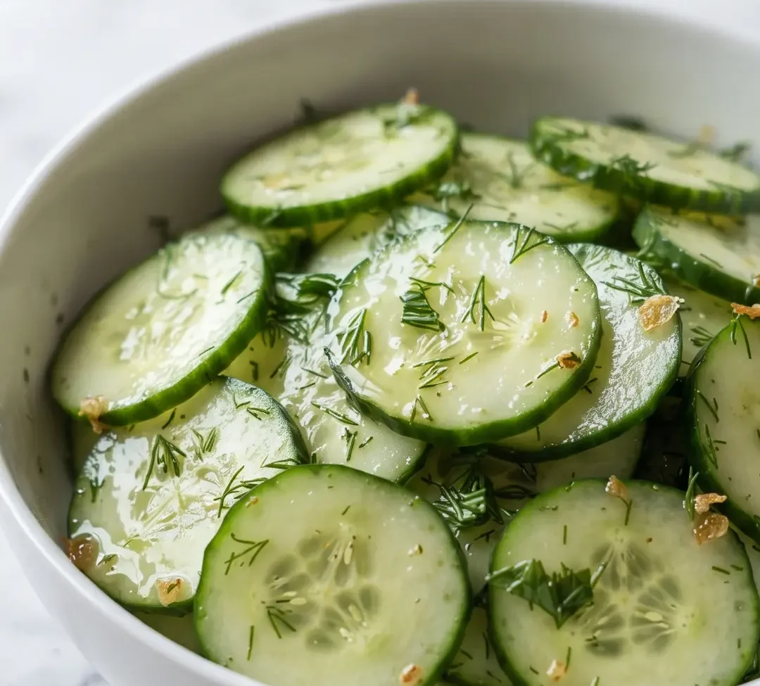 Erfrischender Gurkensalat mit Kräuterdressing frisch zubereitet — feine Gurkenscheiben in Kräuterdressing