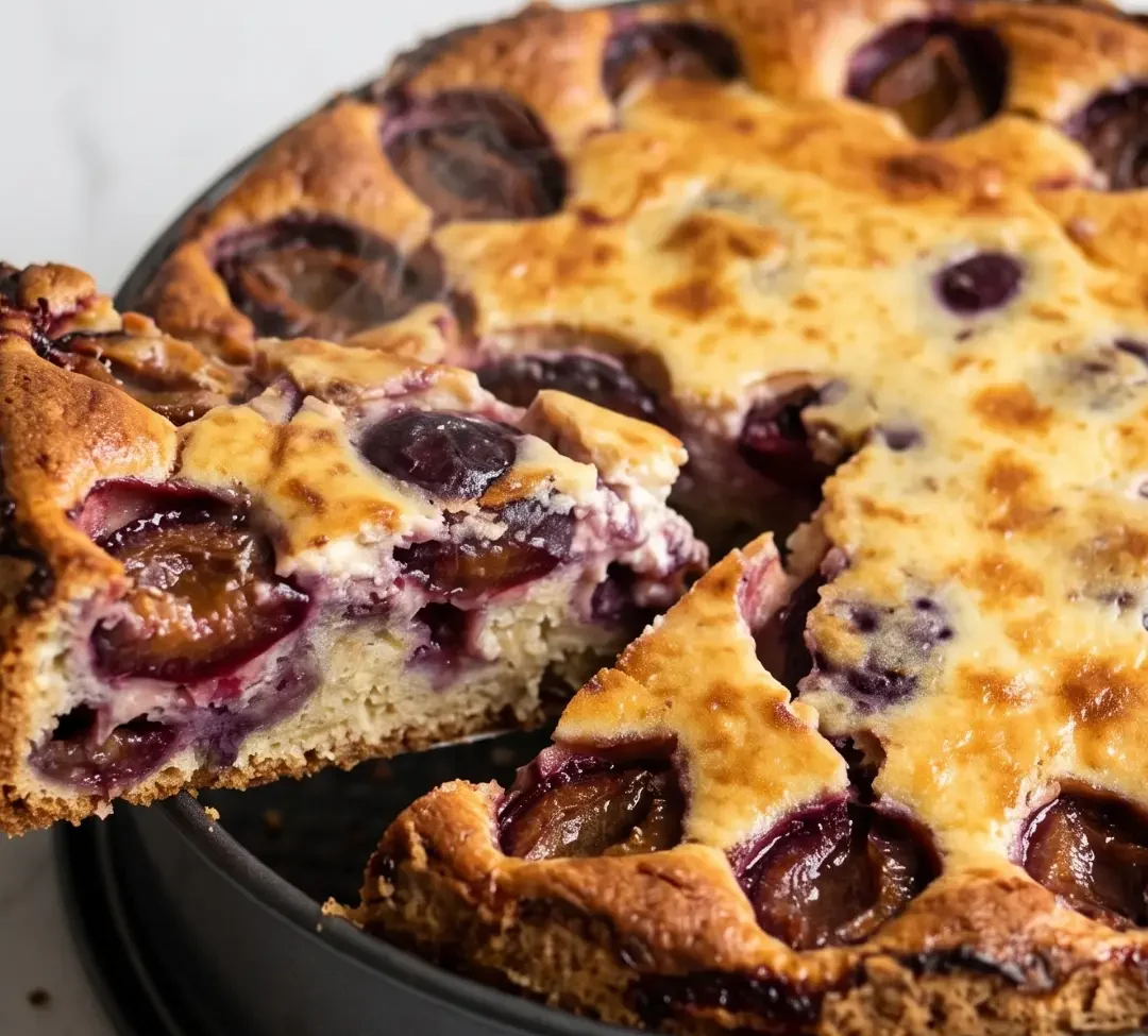 Pflaumenkuchen mit Schmandguss frisch gebacken — goldbrauner Guss und saftige Pflaumen